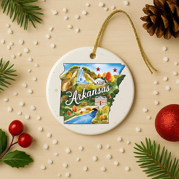USA State Landmark Ceramic Ornament – Round Glossy Christmas Decoration Featuring U.S. State Art, Landmarks & Holiday Scenery – Collectible Travel Souvenir Ornament Series (Arkansas)