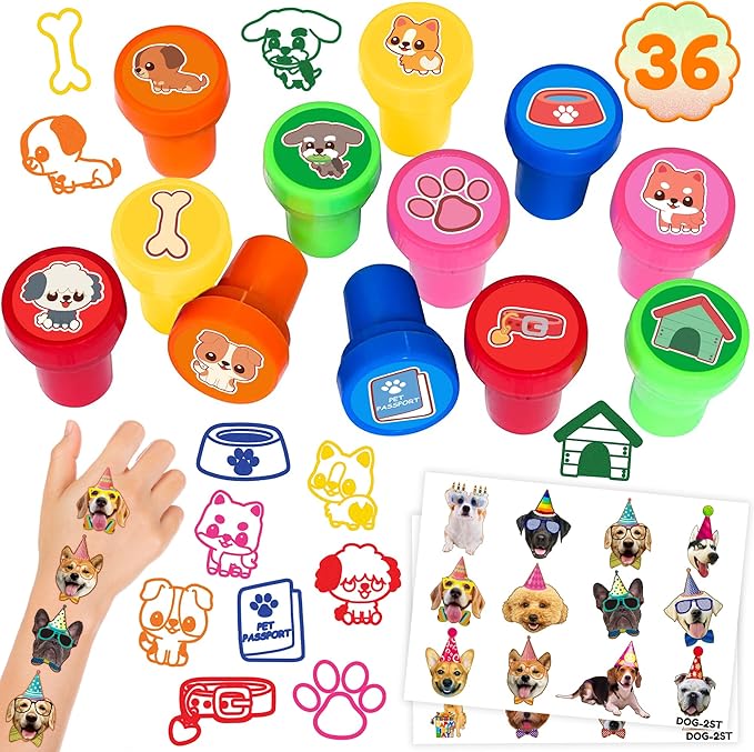 36PCS Dog Party Favors - 24PCS Temporary Tattoos & 12PCS Stamps - Ideal Pet Lover Themed Birthday Card Decorations Supplies Goodie Bag Cute Rewards for Boys Girls Classroom Gifts Baby Shower