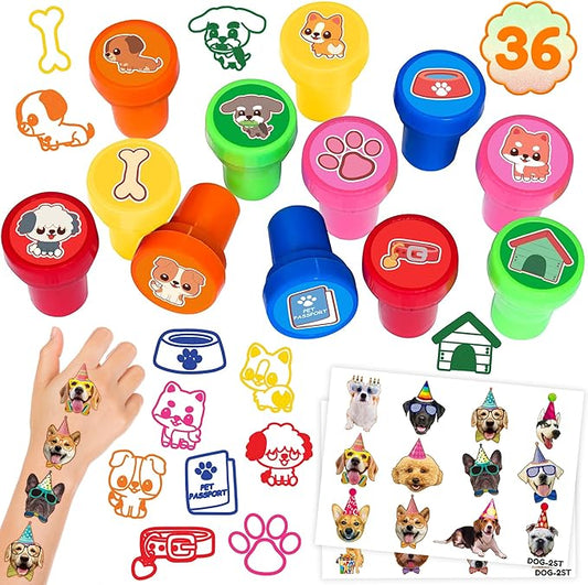 36PCS Dog Party Favors - 24PCS Temporary Tattoos & 12PCS Stamps - Ideal Pet Lover Themed Birthday Card Decorations Supplies Goodie Bag Cute Rewards for Boys Girls Classroom Gifts Baby Shower