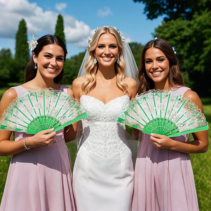 QIRMIZI 30pcs Silk Folding Hand Fans,Silk Fans,Green Rose Fans,Perfect for Weddings, Parties, and Dancing,Green