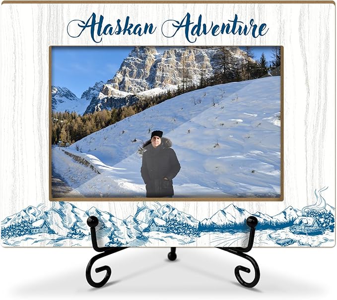 Lesixur Alaska Adventure 4x6 Photo Frame, Wooden Picture Frame with Iron Stand, Honeymoon Vacation Gifts for Friends Family Couples, Alaska Souvenirs Office Home Desk Decor Tabletop Display -049