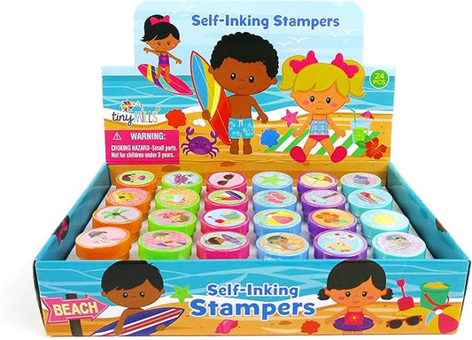 TINYMILLS 24 Pcs Summer Beach Pool Party Stamp for Kids Party Favors Pinata Fillers Carnival Prizes Camp Classroom Rewards