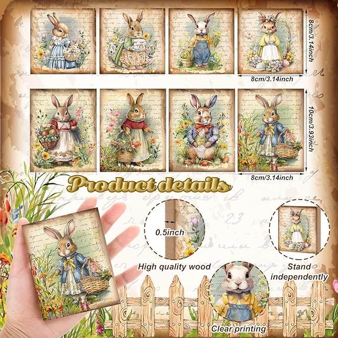 Wenqik 8 Pcs Vintage Easter Decorations Retro Bunny Egg Wooden Sign Easter Table Centerpiece Rustic Ornaments Tiered Tray Decor Sign for Spring Home Tabletop Fireplace Decorations Supplies, 8 Styles