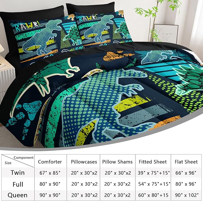 AILONEN Kids Dinosaur Comforter Set Queen, 7-Piece Cartoon Dinosaur Bed in a Bag for Boys, Green Graffiti Soft Comforter & Fitted Sheet with Flat Sheet & 2 Pillowcases, 2 Pillow Shams