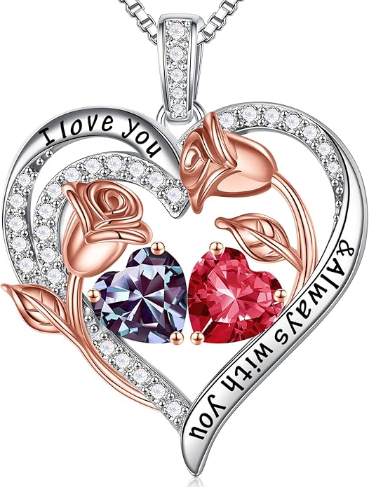 Iefil Valentines Day Gifts for Her - 925 Sterling Silver Rose Heart Birthstone Necklace Birthday Anniversary Jewelry Gifts for Her Wife Mom Daughter