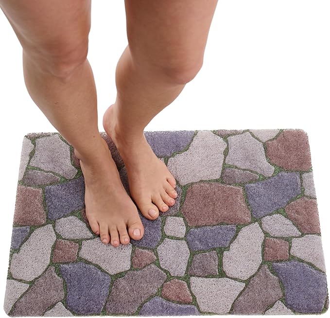 ENKOSI Loofah Non-Slip Shower and Bath Mat - Soft Cushioned Comfort - No Suction Cups for Smooth or Textured Tubs - Fast Draining - Safety for Bathroom, Family, Kids, and Elderly (24x16 Stone Path)