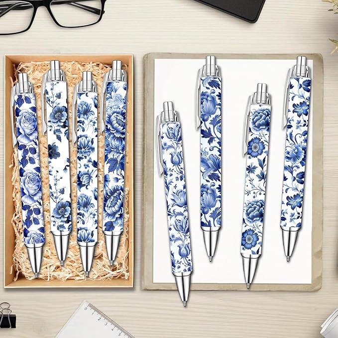 Blue and White Porcelain Pens Set – Elegant Ceramic-Inspired Writing Pens with Smooth Black Ink – Classic Gift for Students, Teachers, Office Use, Party Favors, Holidays, and Everyday Writing, 8 Pack