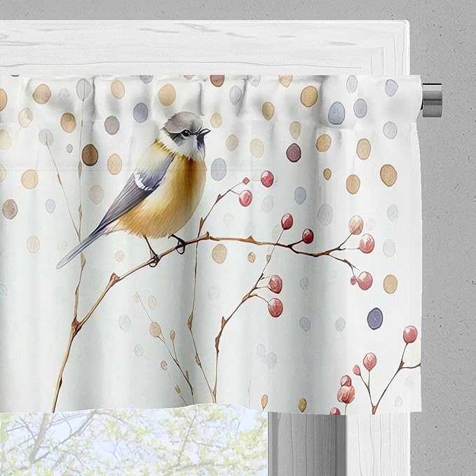 Ambesonne Birds and Nature Window Valance, Aquarelle Look Wingy Animals on Branches Polka Dot Back Fall, Curtain Valance for Kitchen Bedroom Decor with Rod Pocket, 54" X 12", Pastel Brown Purpleblue