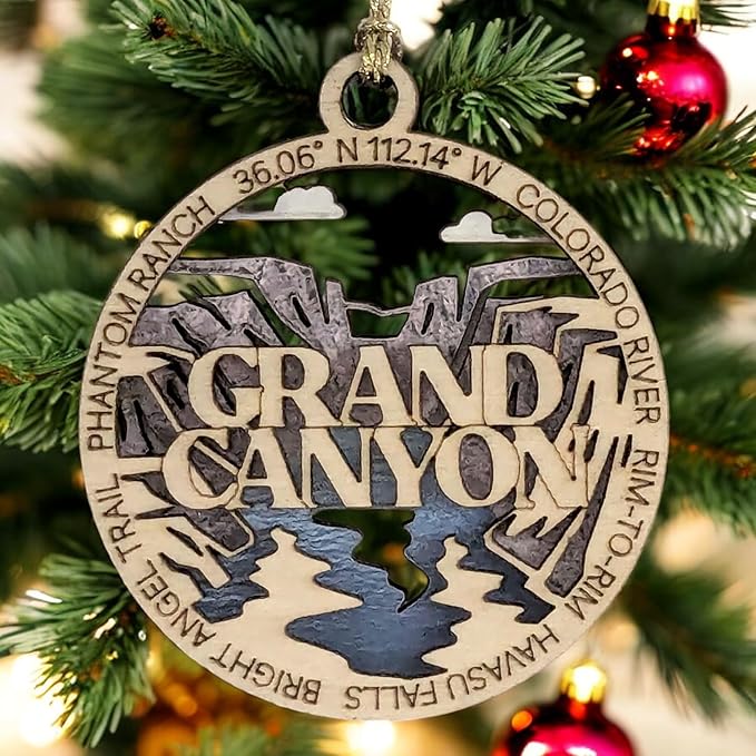 Grand Canyon National Park Handcrafted Christmas Ornament - 3" Wood Laser Cut Souvenir with Colorado River Scene - Made in USA