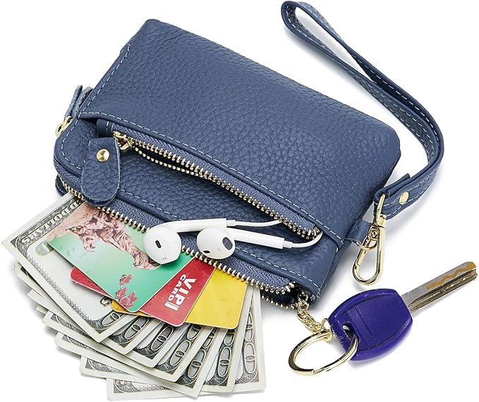 Genuine Leather Coin Purse for Women with Large Opening & Wrist Strap Navy (Navy)