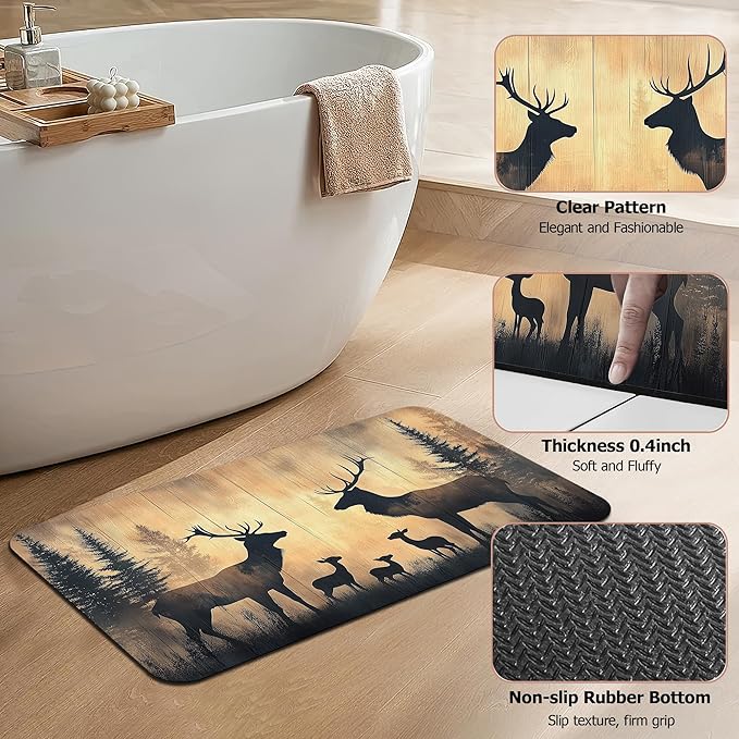 Non Slip Bath Mat,Deer Trees Bathroom Decor,Forest Diatomaceous Bath Mat Quick Dry Absorbent Bathroom Rugs-Shower Rug for Kitchen Laundry Bathtub Shower 17"x29.5"