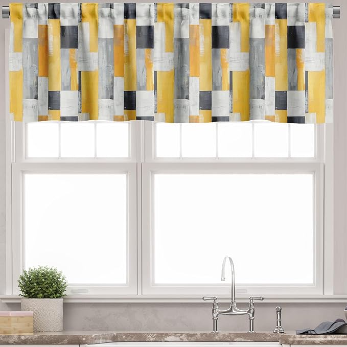 Ambesonne Abstract Window Valance, Contemporary Artwork Oil Painting Look Modern Stripes Print Hipster, Curtain Valance for Kitchen Bedroom Decor with Rod Pocket, 42" x 18", Amber White Charcoal Grey