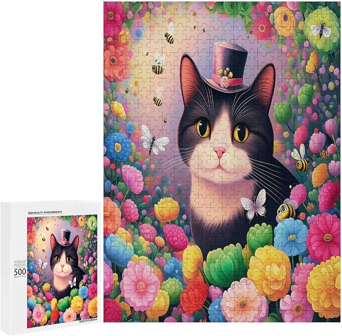 Wooden Puzzles 500 Piece，Cat Portrait Themed Jigsaw Puzzles，Educational Games，Family Puzzles，Unique Gifts for Wall Art，Funny Puzzles，Stress Relief Games，Puzzle Games