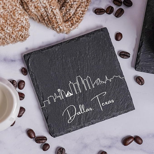Blue Ridge Mountain Gifts - Dallas TX Skyline Coasters, Set of 4 - Dallas Texas Souvenir, Slate Coasters with Minimalist Skyline, Housewarming Gift for Friends, Family, & Neighbors