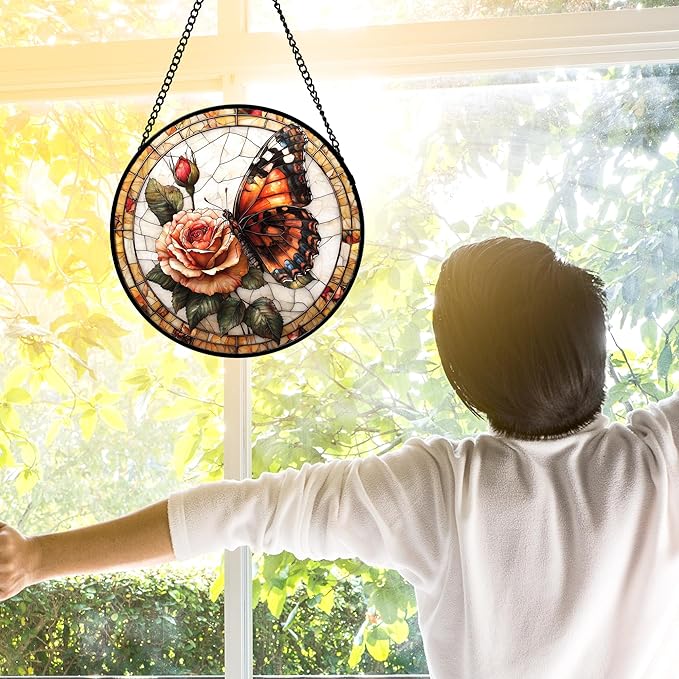 Stained Glass Window Hanging, Butterfly Picking Flowers Suncatcher for Doors Home Sun Catchers Decoration and Christmas, Mother's Day Birthday Gifts for Women, Men, and Mom 7.8 in