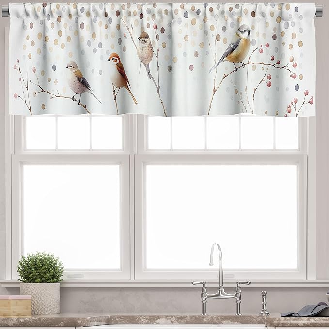 Ambesonne Birds and Nature Window Valance, Aquarelle Look Wingy Animals on Branches Polka Dot Back Fall, Curtain Valance for Kitchen Bedroom Decor with Rod Pocket, 54" X 12", Pastel Brown Purpleblue