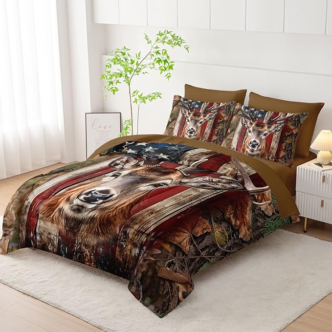 7Pcs Comforter Set American Flag Deer Printed Bedding Set with 1 Comforter, 1 Flat Sheet, 1 Fitted Sheet and 4 Pillowcases for Boys and Girls Bedroom All Season(Deer Queen)