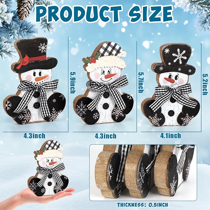 3 Pcs Christmas Wood Centerpieces for Tables Wooden Snowman Table Decor Rustic Merry Xmas Tabletop Signs Block Winter Desktop Decorations Indoor Tiered Tray Office Desk Shelf Home Mantel Holiday Party