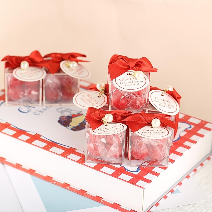 ACITHGL 30 Sets Small Bubble Candle Wedding Candles Favors for Guests Bulk Bridal Shower Favors Candles with Stylish Ribbons Thank You Cards Gifts (Shimmering Red)