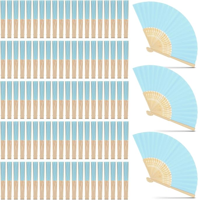 Yinkin 100 Pack Folding Fans Bamboo Handheld Folded Craft Hand Japanese Chinese Fans for Weddings Bridal Dancing Church DIY Decoration Women Gift Party Favors (Light Blue)
