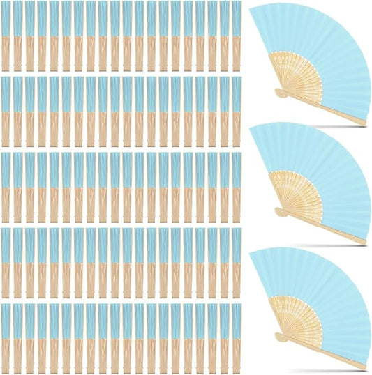 Yinkin 100 Pack Folding Fans Bamboo Handheld Folded Craft Hand Japanese Chinese Fans for Weddings Bridal Dancing Church DIY Decoration Women Gift Party Favors (Light Blue)