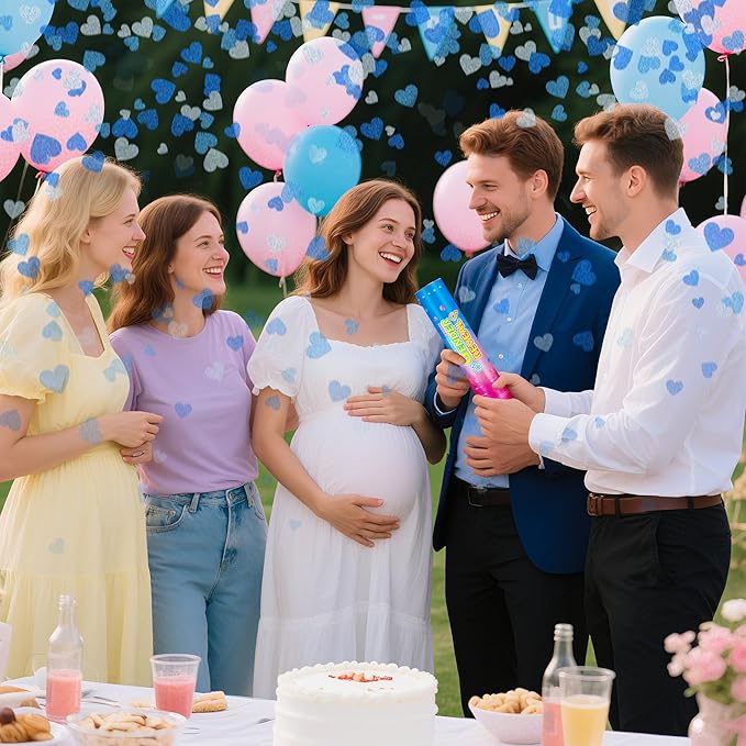 Gender Reveal Confetti Cannons – 6 Pack Blue Party Poppers – Baby Boy Gender Reveal Cannon Kit with Heart-Shaped Confetti – Easy Twist Shooters for Baby Reveal Party Decorations