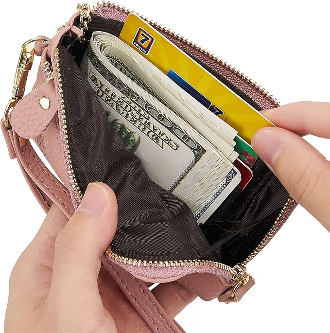 Genuine Leather Coin Purse for Women with Large Opening & Wrist Strap Navy (Pink)