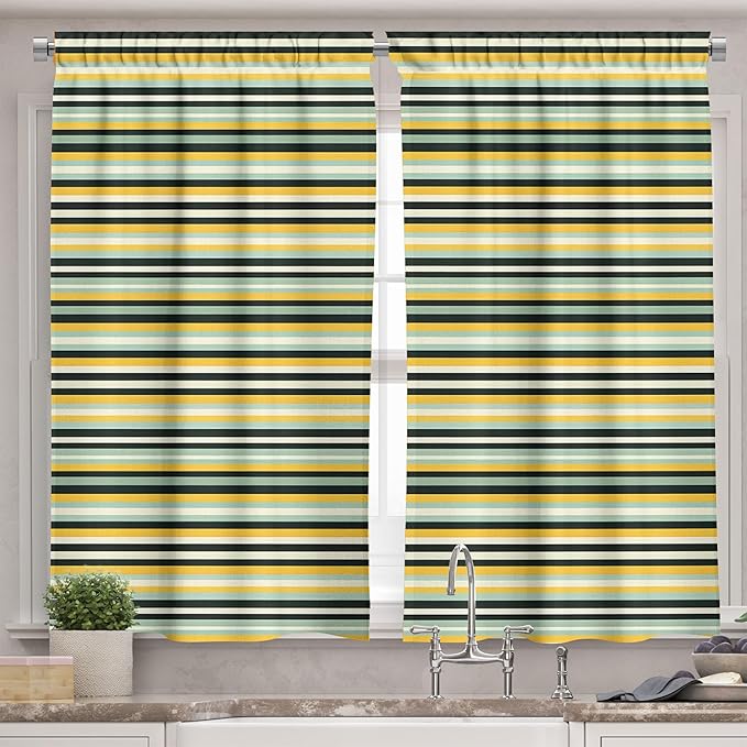 Ambesonne Summer Tones Valance & Tier Curtain 3 pcs Set, Cottagecore Sunflowers Scenario with Flying Bees and Modern Stripes, Window Treatments for Kitchen Room Decor, 55" x 30", Mustard Reseda Green