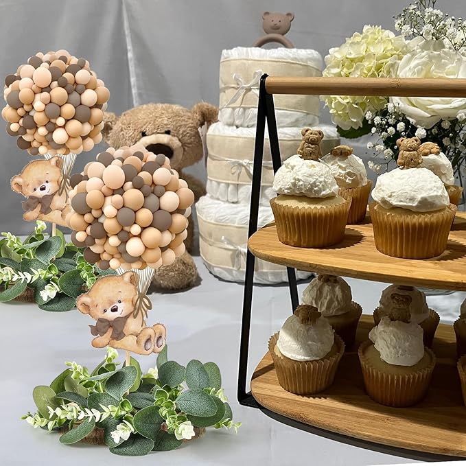 12 Set Baby Shower Bear Table Centerpieces Decortion Brown Bear with Eucalyptus Wreath Wood Slices Welcome Baby Table Topper for Gender Reveal Boy Or Girl Party Favor