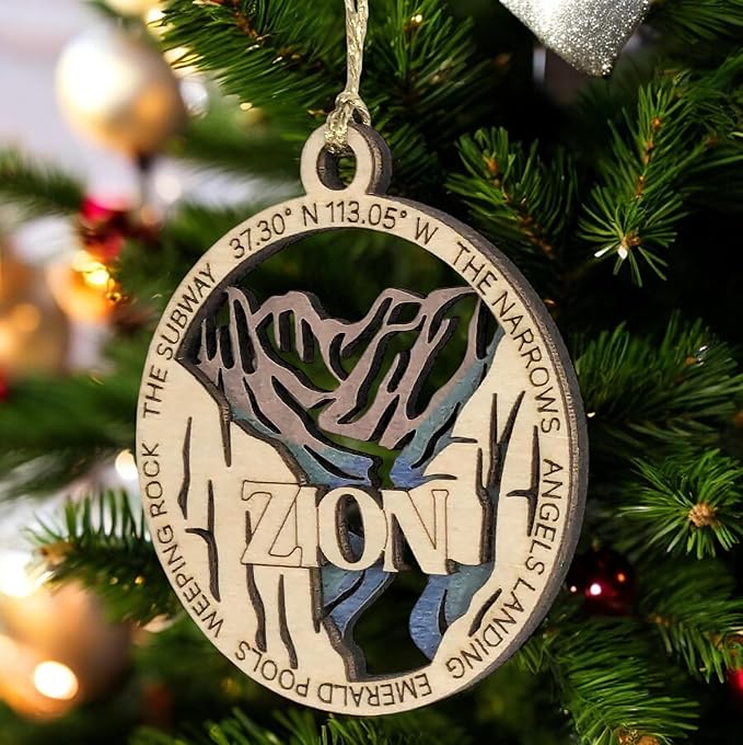 Zion National Park Natural Wood Ornament - 3" Laser Cut, 2 Layer Design, Handmade USA, Christmas Tree Decor, Scenic Landscape Souvenir
