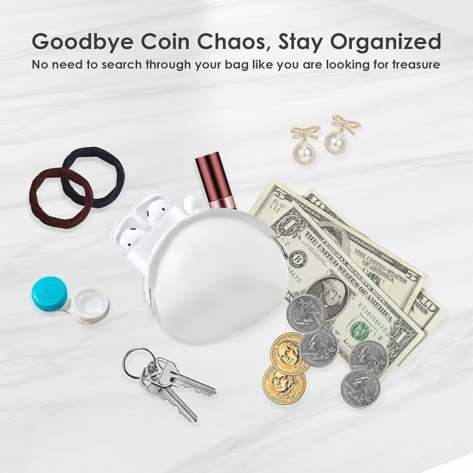 Coin Purse for Women – Silicone Small Coin Pouch with Kiss Lock for Coins, Keys, Lipstick, and Earphones – Mini Cute Change Purse, Coin Purse & Pouch for Daily Life, Cars, Travel, Party (White)
