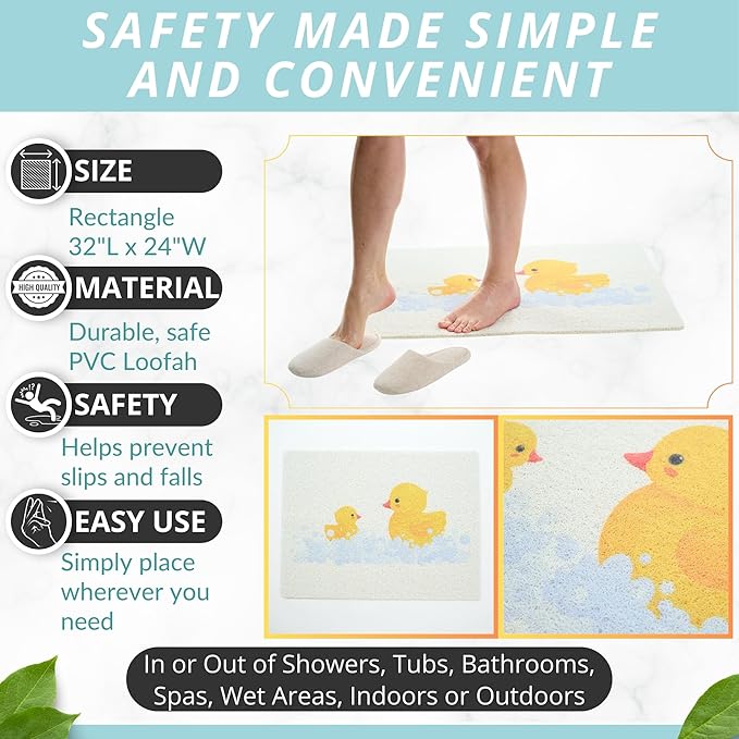 Enkosi Loofah Non-Slip Shower Mat - Shower Floors, Bathtub, Bathrooms, Wet Areas - Cushioned Bath Mat with Drain Holes - Quick Dry PVC, Secure Safety Pad Without Suction Cups (32x24 Duck)