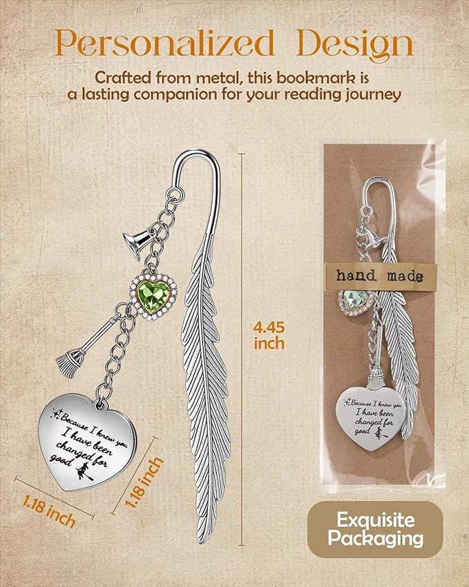 Buleens Bookmarks for Women Reading - Book Marks for Readers Book Lovers, Feather Fantasy Witch Green Personalized Metal Bookmark with Pendants, Pretty and Aesthetic Book Accessories Reading Gifts