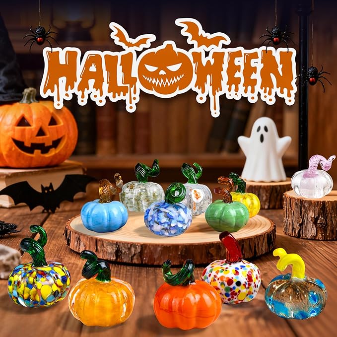 12PCS Glass Pumpkins Figurines for Halloween Thanksgiving Fall Harvest Christmas Decoration, Small Crystal Glass Art Pumpkin Paperweight Gifts