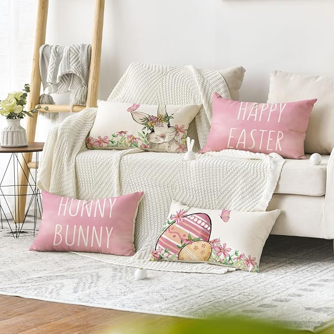 AVOIN colorlife Happy Easter Hunny Bunny Pink Throw Pillow Covers, 12 x 20 Inch Easter Eggs Bunny Spring Cushion Case for Sofa Couch Set of 4