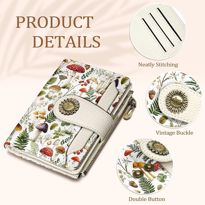 Mushroom Small Wallet Women RFID Blocking Bifold, Credit Card Holder, Zipper Coin Pocket, PU Leather, Compact, Travel, 4 ID Window, 14 Card Slots, Cash Purse, Ladies Woman Female Girls