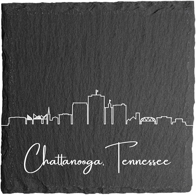 Blue Ridge Mountain Gifts - Chattanooga TN Skyline Coasters, Set of 4 - Chattanooga Tennessee Souvenir, Slate Coasters with Minimalist Skyline, Housewarming Gift for Friends, Family, & Neighbors
