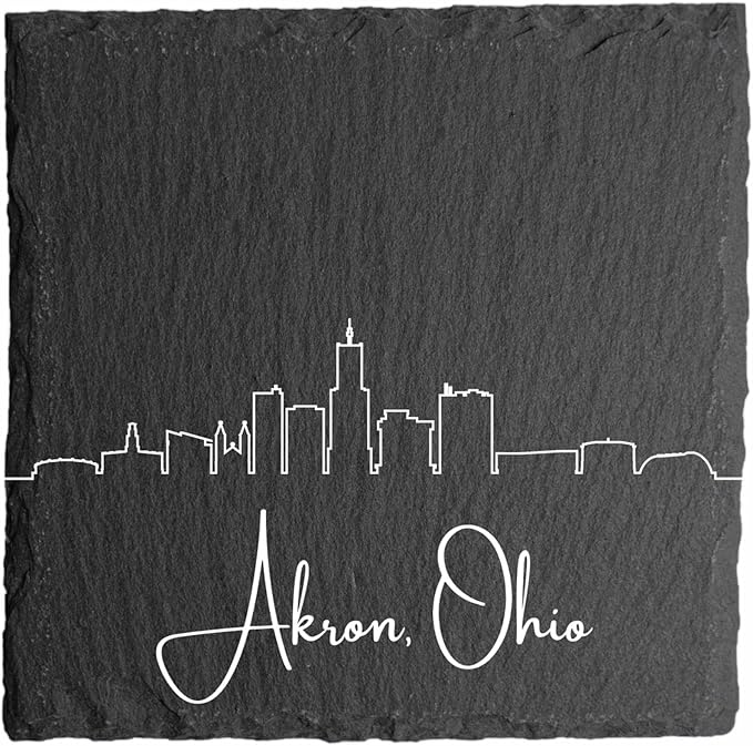 Blue Ridge Mountain Gifts - Akron OH Skyline Coasters, Set of 4 - Akron Souvenir, Slate Coaster with Minimalist Skyline, Housewarming Gift for Friends, Family, & Neighbors Protect