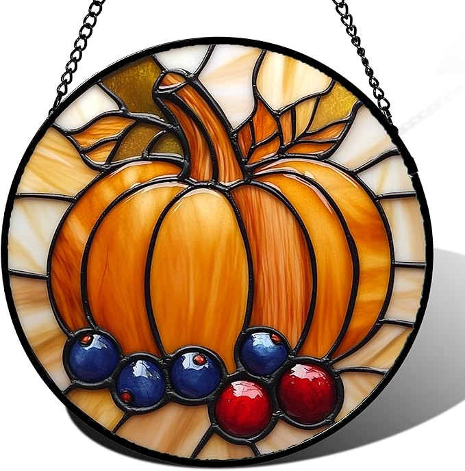Stained Glass Window Hanging Fall Pumpkin Berries Large 15" - Suncatcher Door Garden Kitchen Sunroom Sun Catcher Autumn Home Decor Birthday for Mom Grandma Men Woman