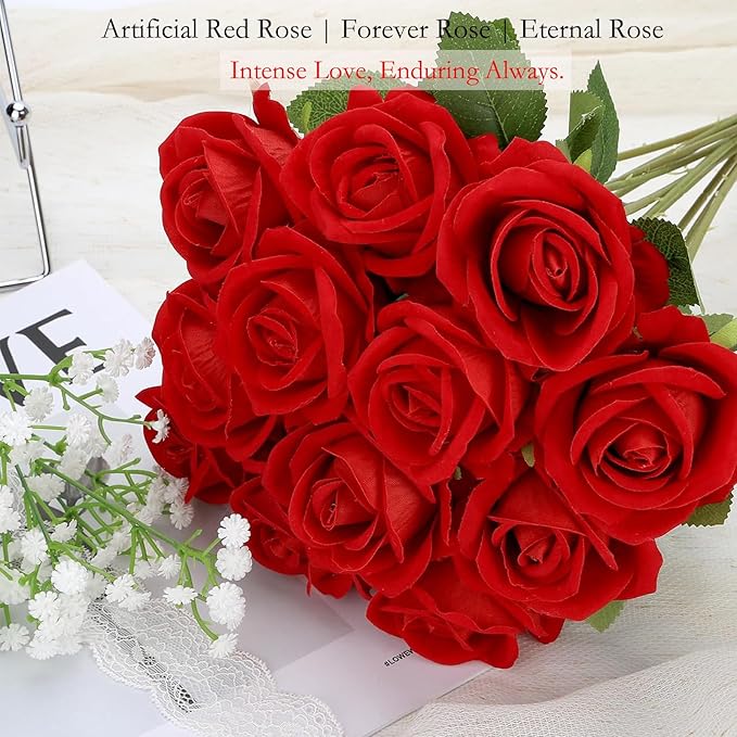 Roses Artificial Flowers, Fake Silk Roses with Stems for Valentine's Day Mother's Day Christmas, Indoor Outdoor Decor Wedding Anniversary Birthday Party Decor, Gift for Her(12, Red)