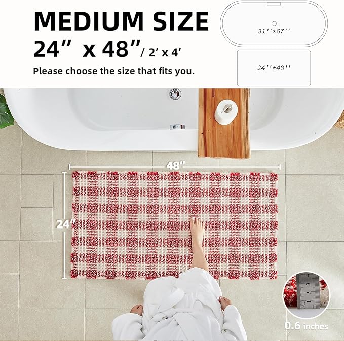 Waffle Bath Mat, Boho Christmas Bathroom Rugs Non Slip Washable Absorbent Checkered Bathroom Mat Quick Dry Cute Bath Mat, 48"x24" Red and White