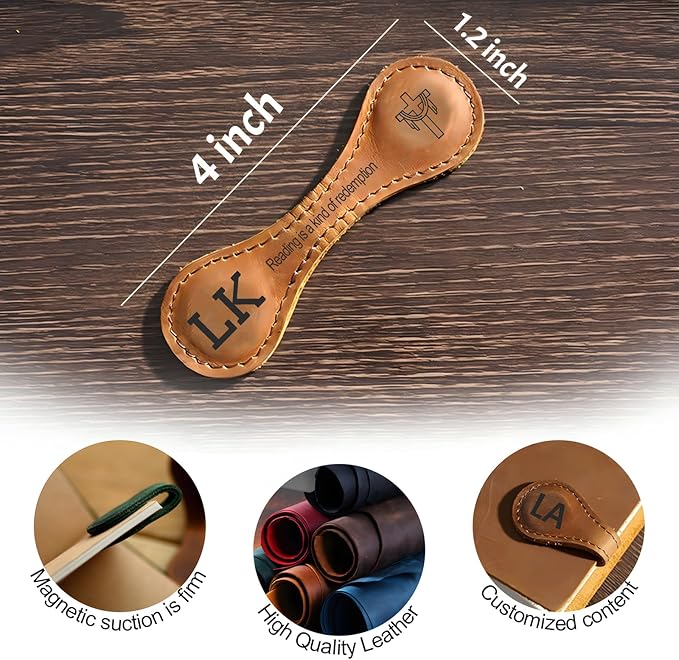 Custom Leather Magnetic Bookmark Personalized Magnetic Leather Bookmark Custom Engraved Vintage Bookmarks Name Initials Text Book Marker Clips Gifts for Readers Book Lovers Women