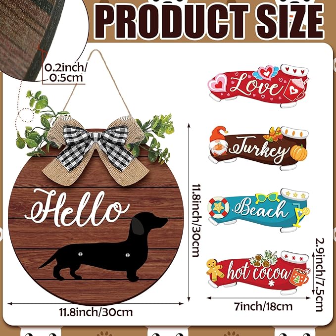 Glenmal 16 Pcs Seasonal Dachshund Door Decor for All Season and Holiday Hanging Cute Christmas Dachshund Welcome Sign Rustic Wooden Farmhouse Front Door Signs Outdoor(Dark Wood Grain)