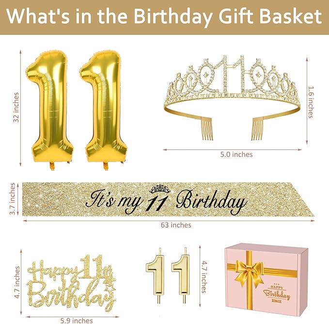 11th Birthday Decorations for Girls Gold with 11th Birthday Sash and Tiara, Candles and Cake Topper, Number Balloons, 11 Year Old Gifts for Girls