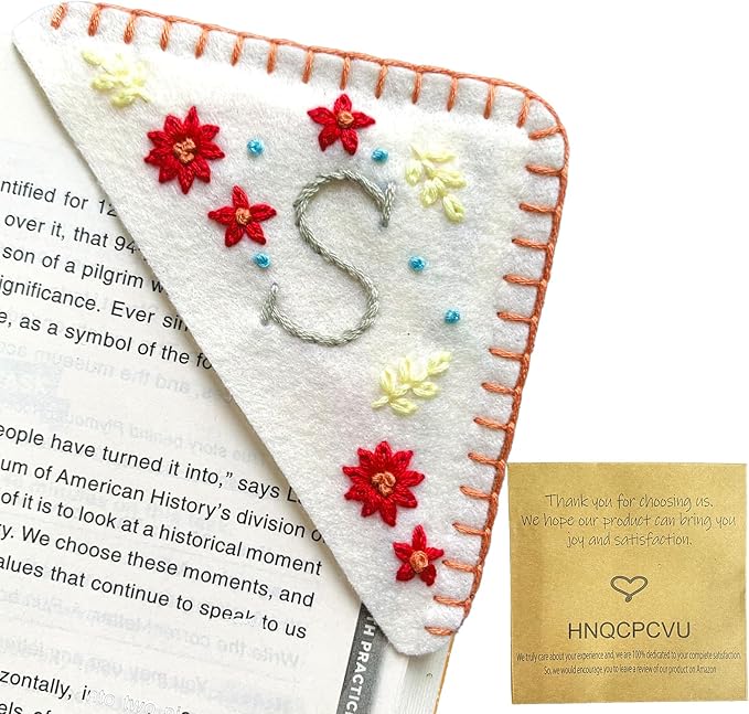 Personalized Hand Embroidered Corner Bookmark, Bookmarks for Women, Personalized Bookmark for Books, Cute Flower Book Mark, Hand Stitch Gift for Women for Book Lovers by HNQCPCVU (S, White)