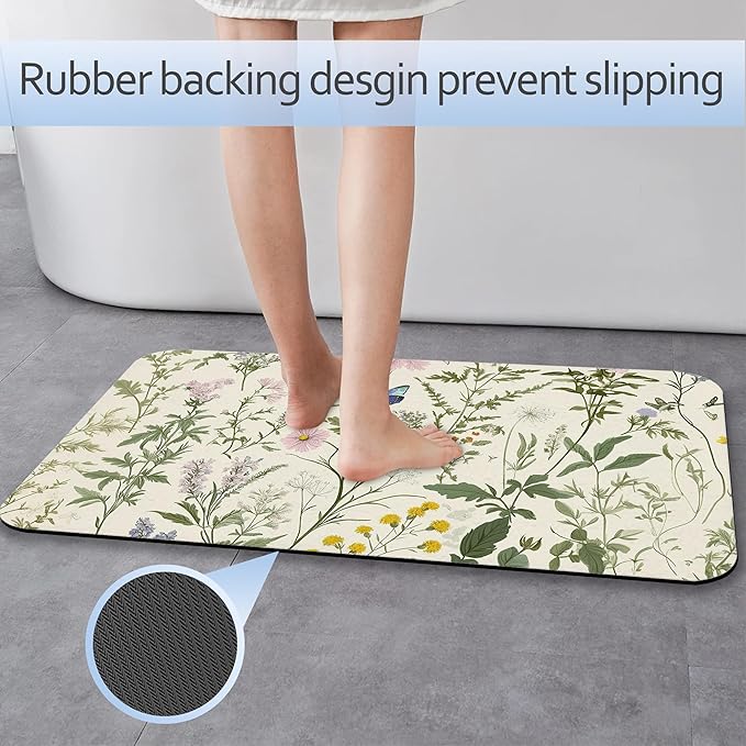Vintage Floral Bath Mat 29.5"x17", Herbs Wild Flowers Slim Low-Profile Fast Drying Super Absorbent Bathroom Rug with Non-Slip Backing, Easy-Clean Modern Floor Mat for Tub, Shower, or Entryway