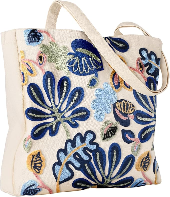 Miss Adola Aesthetic Embroidery Tote Bag for Women - Reusable Canvas Cute Shoulder Bag for Shopping, Grocery, Work, Book