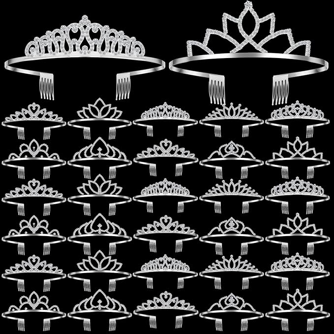 Lyrow 30 Pcs Tiara Crowns for Women Bulk Galentines Day Party Favors Crystal Queen Crowns with Comb Headband Silver Princess Tiaras for Birthday Wedding Halloween Christmas(Elegant Style)