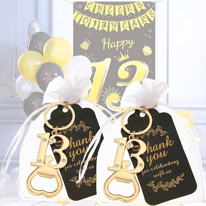 24 pcs 13th Gold Keychain Bottle Opener Birthday Party Favors for Guests,13th Beer Bottle Opener Favors Bulk for 13 Birthday Anniversary Souvenirs Party Decor Supplies (Gold 13th)