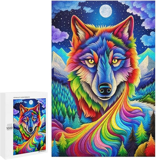 Wooden Puzzle - Colorful Wolf Jigsaw Puzzles，Wooden Puzzles for Adults 1000 Pieces Challenge Puzzles，Educational Games，Family Puzzles，Unique Gifts for Wall Art,Funnny Puzzles